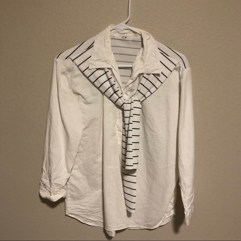 White collared shirt with connected knit wrap